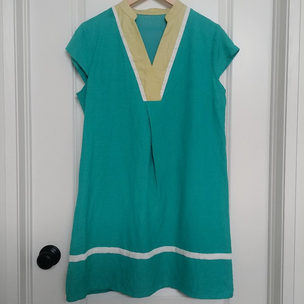Vintage handmade turquoise mod dress V neck approx Medium